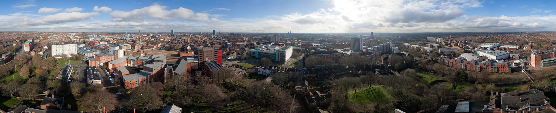 view of the city of Leicester from the very top of the spire at St Mary de Castro Church
