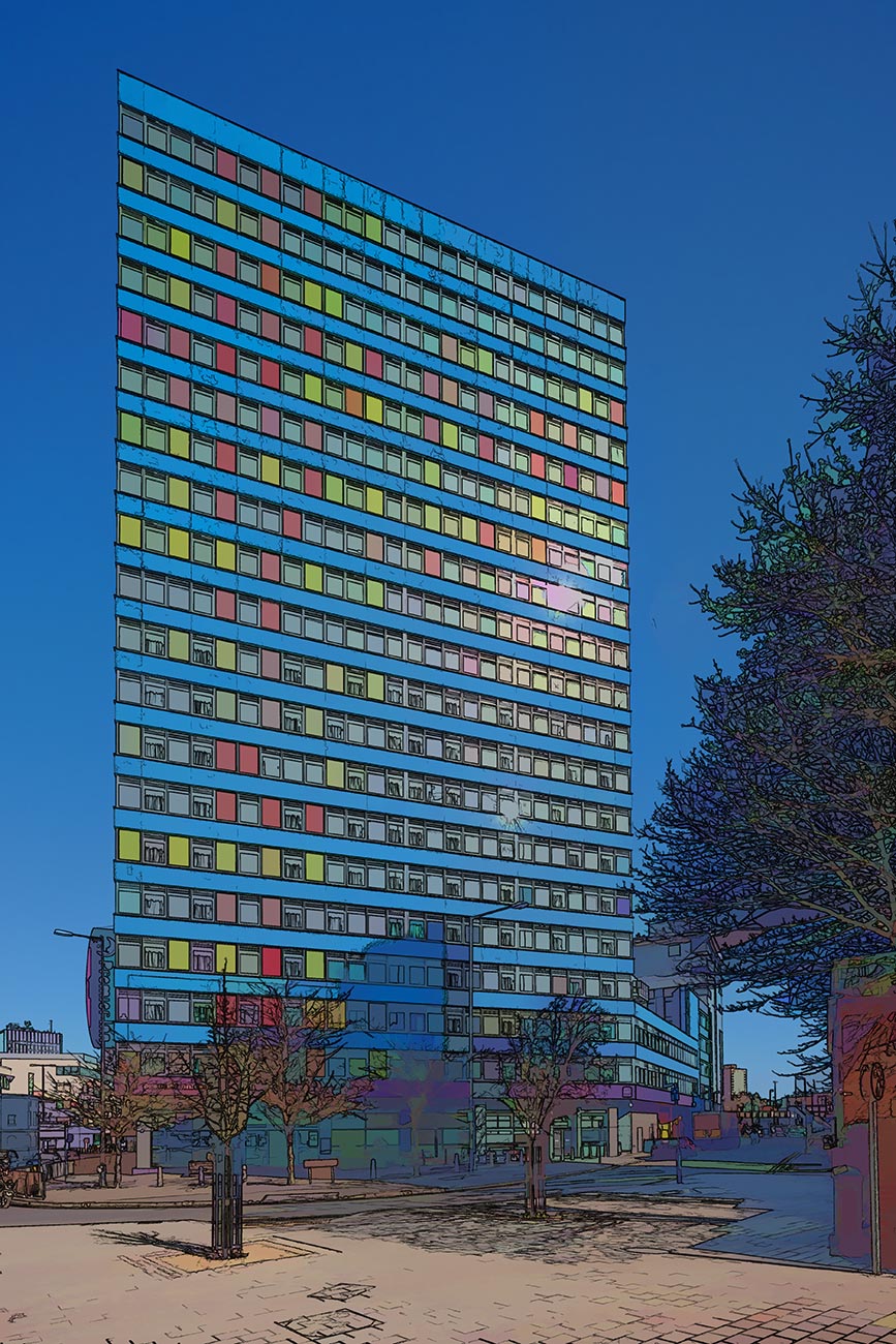 Cartoon treatment of blue tower block in Leicester