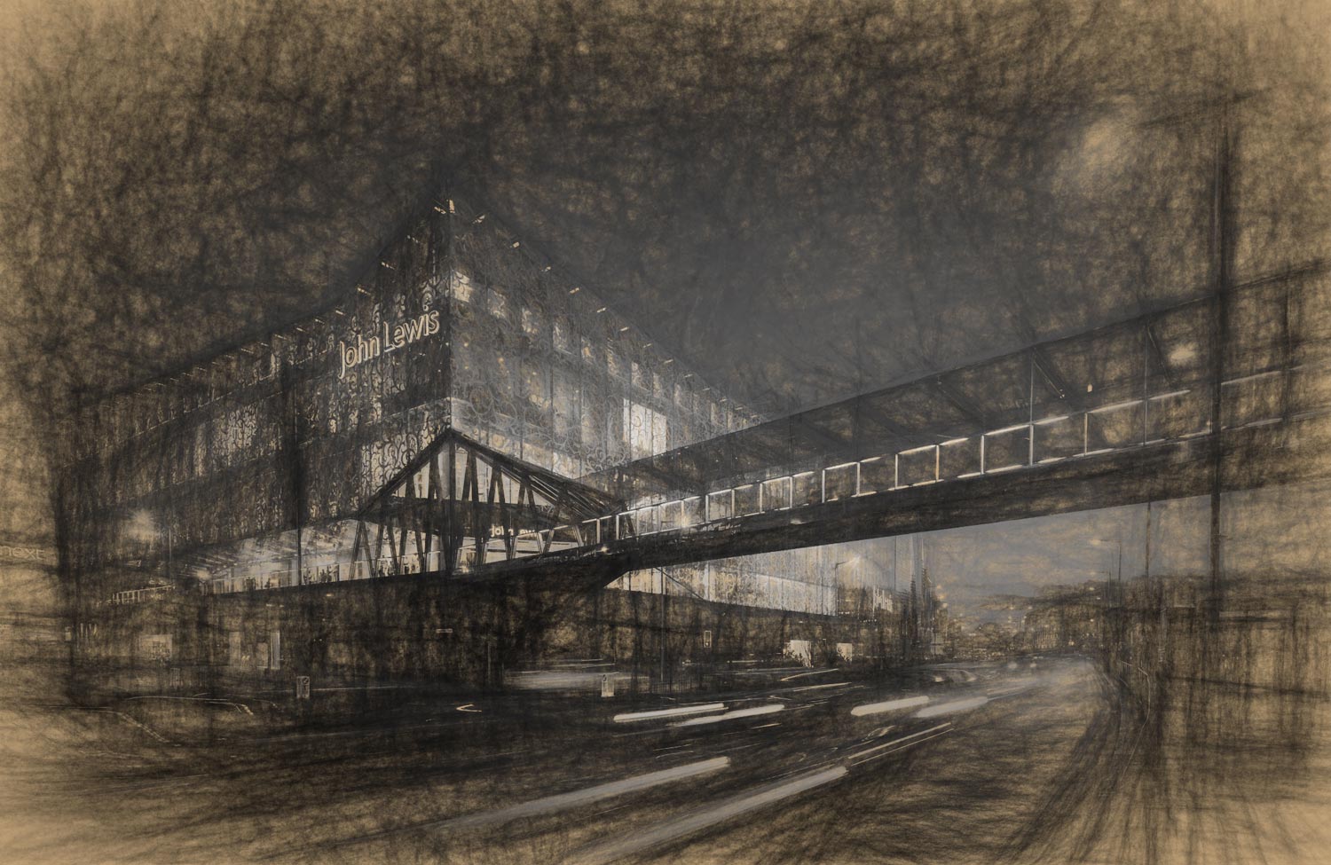 sketch style view of night-time photo