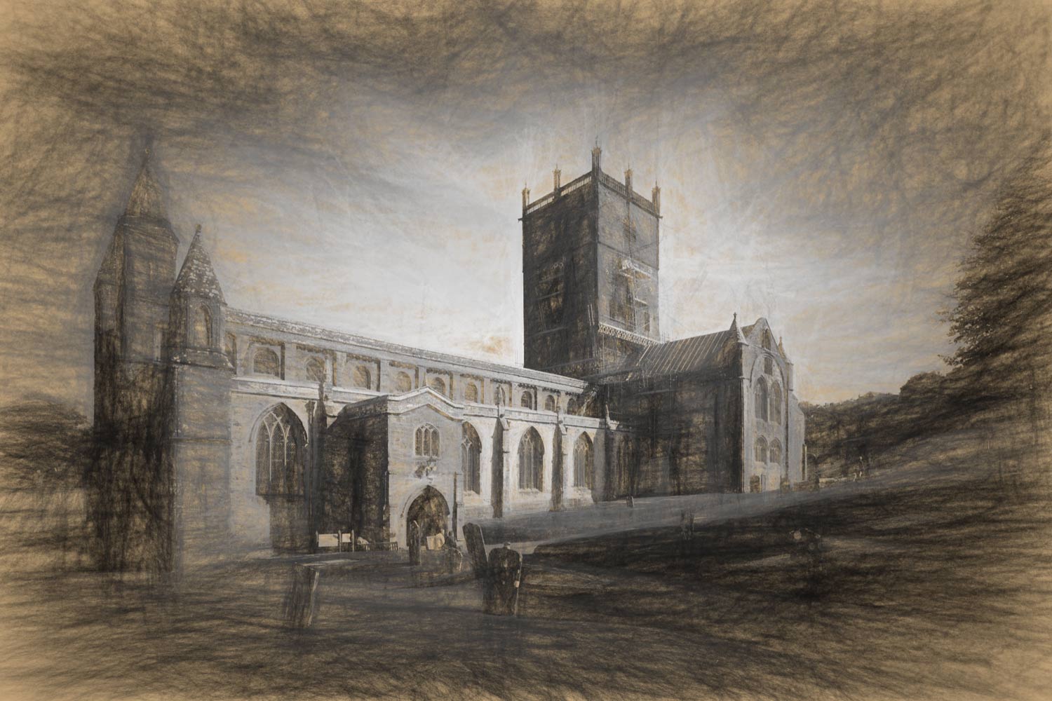 Sketch view of St Davids Cathedral in Pembrokeshire