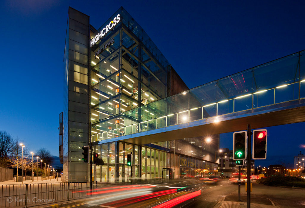 Leicester city street view at dusk John Lewis and car park