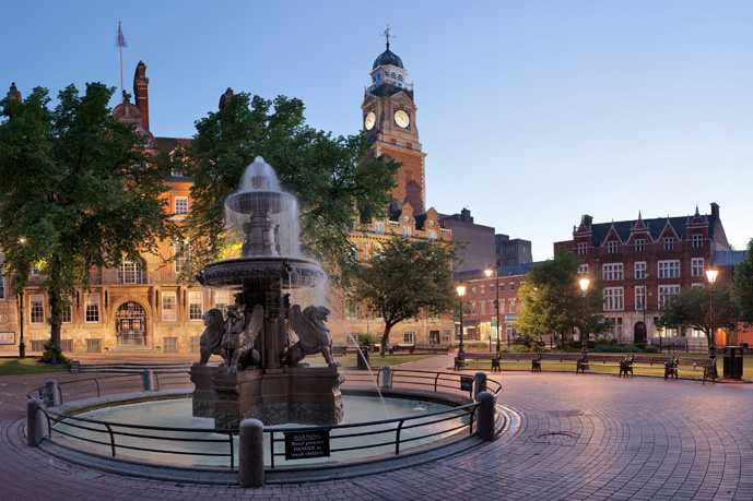Town Hall square at dusk, Leicester