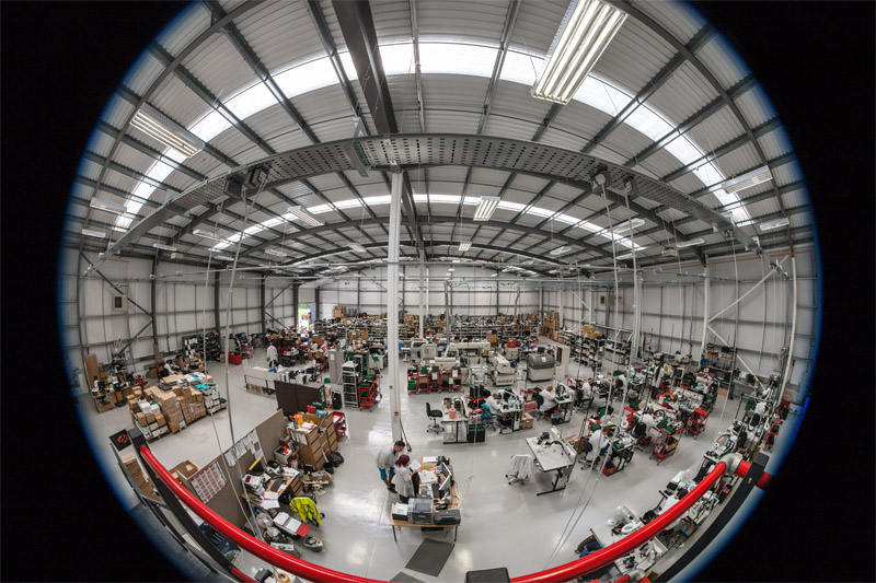 Fish-eye view of interior of factory